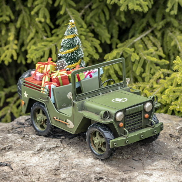 Metal Military Style Jeep - Filled with Christmas Gifts and and a Christmas Tree in the back