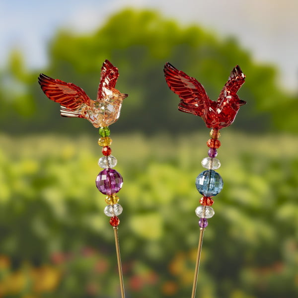 Two Birds Sitting on a Stick facing right with Pink and Blue Beads
