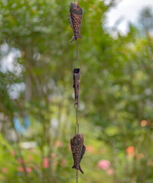 Closeup of 3 Fish on 76.75 Long Antique Bronze Rain Chain with Rainbow Trout