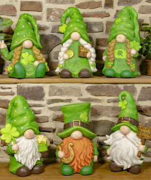 One set of six St. Patrick's day gnomes dressed in there St. Patty's wear on a ledge