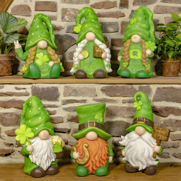 One set of six St. Patrick's day gnomes dressed in there St. Patty's wear on a ledge