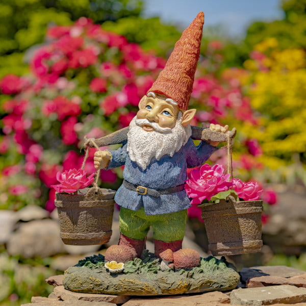 21 Inch tall spring garden gnome holding two buckets with pink flowers
