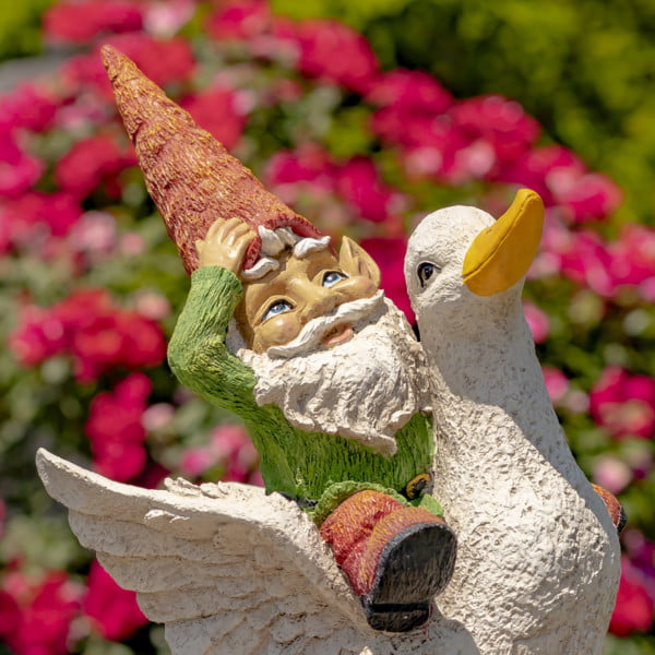 Close up 23 inch tall spring garden gnome riding a duck