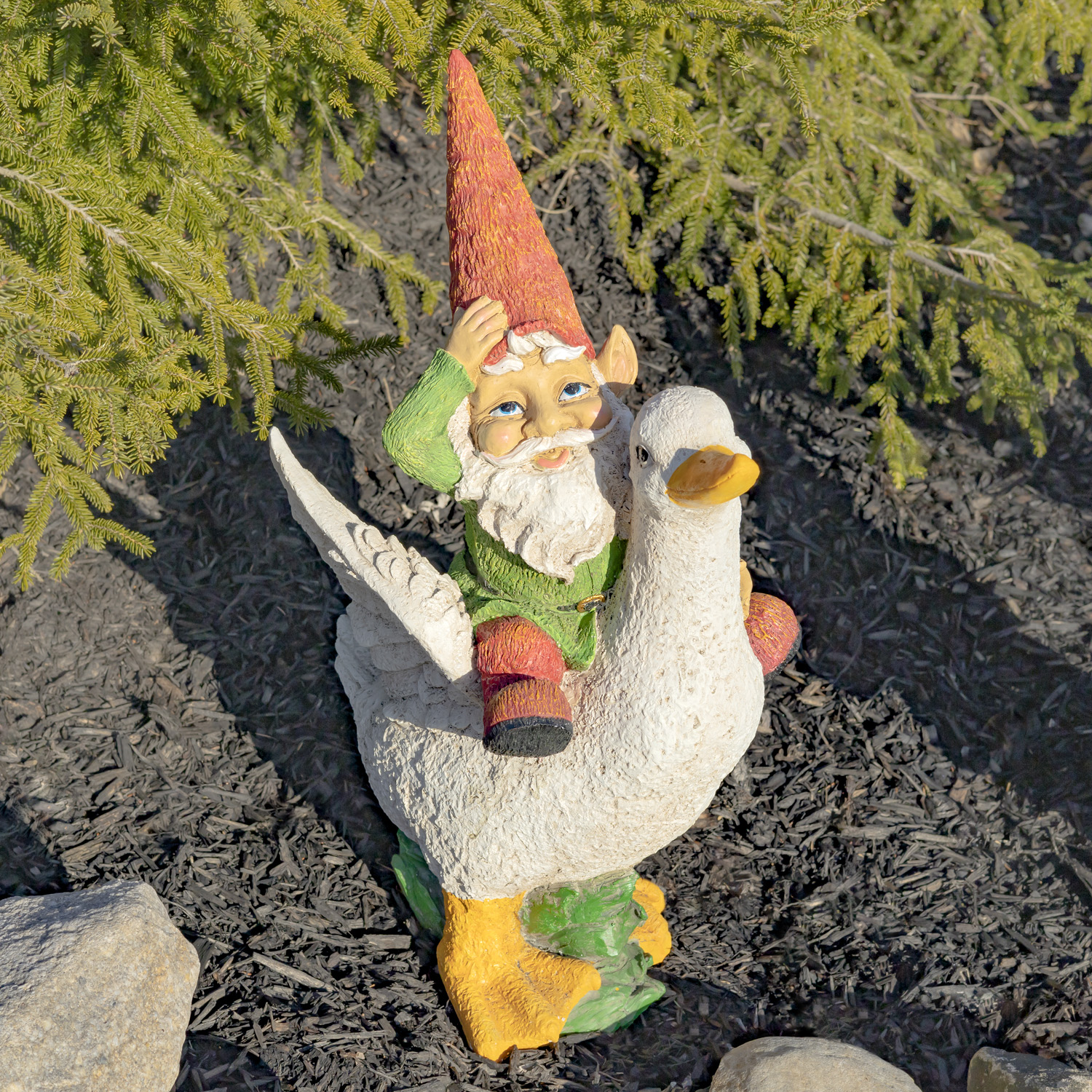 23" Tall Spring Gnome Garden Statue Riding a Duck Lesera