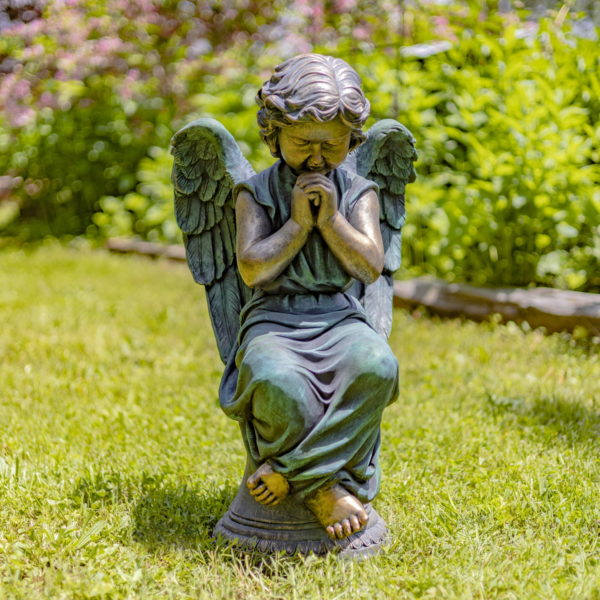 28 inch tall magnesium angel statue sitting and praying painted in antique bronze finish