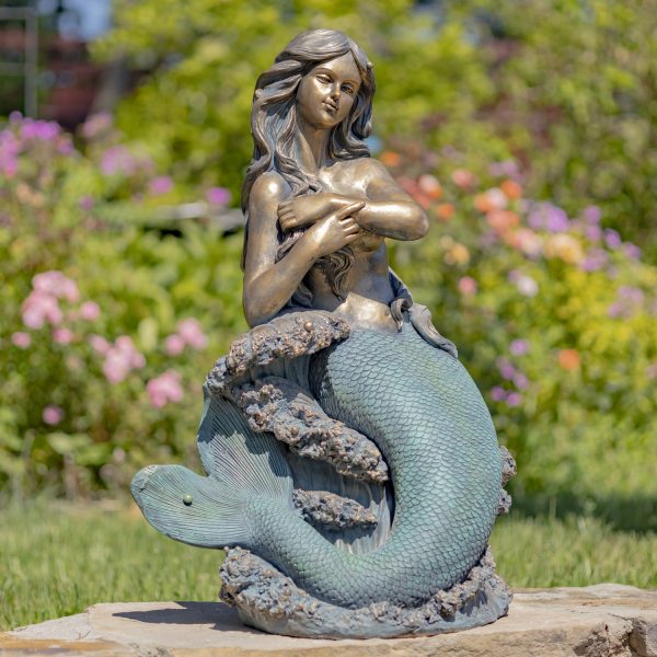 image of 34 inch tall mermaid statue sitting on a rock with long hair painted in antique bronze finish