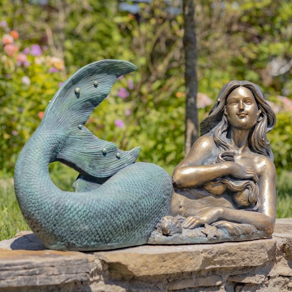 image of 37 inch long mermaid laying down with long hair garden statue painted in antique bronze finish