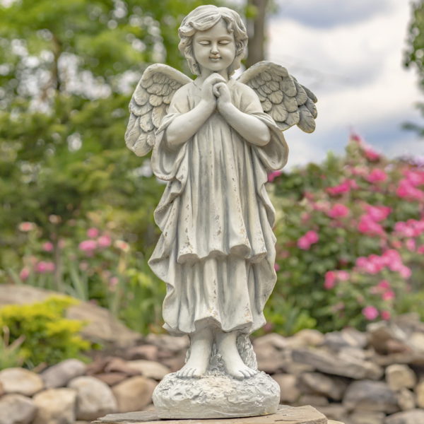 Full Front View of Child Angel Resting Head on Hands with Antique White Finish and Floral Background