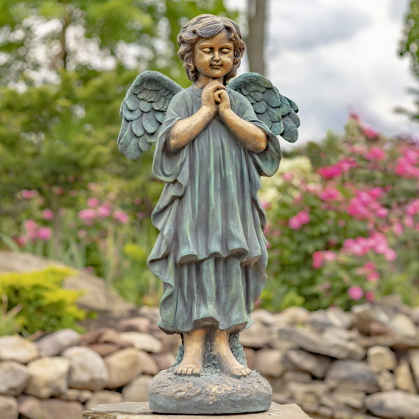 Full Front View of Bronze Magnesium Angel with Hands Together