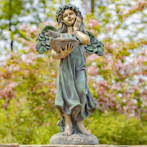 Full View of Antique Bronze Angel Holding Bird Bath- Standing On Top of Rock-Tree