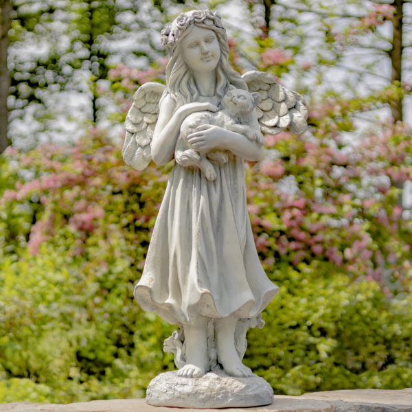 Full View of Angel in an Antique White Finish Holding Cat and Standing on a Stone
