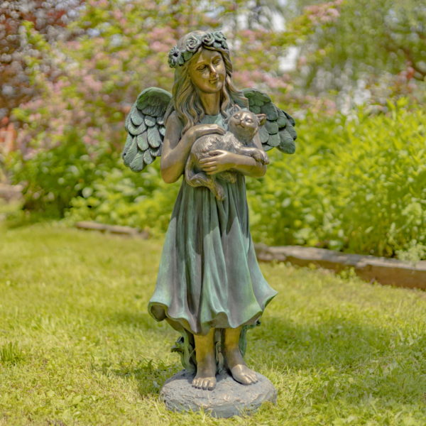 full size image of 39 inch tall magnesium girl angel statue holding a cat in antique bronze painted finish in garden