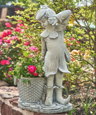 30 Tall Magnesium Fairy Garden Statue with Basket in Antique White Oliver