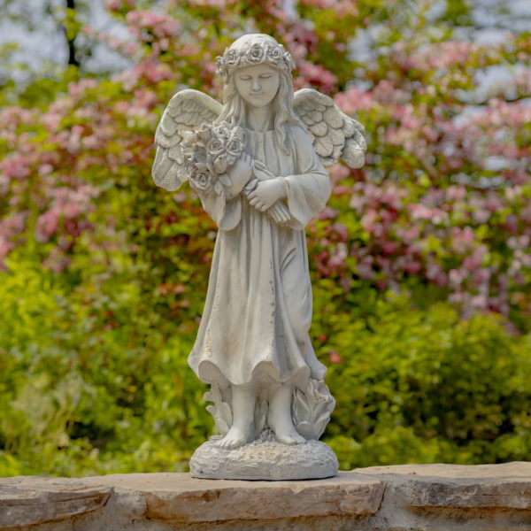 39 inch tall magnesium girl angel statue holding bouquet of flowers in antique white finish