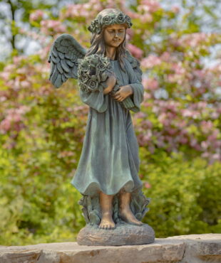 bronze child angel garden statue with flower crown and bouquet