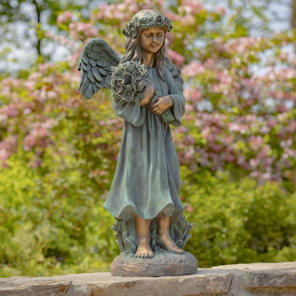 bronze child angel garden statue with flower crown and bouquet