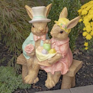 22″ Tall Fancy Rabbit Couple Sitting on Bench Magnesium Garden Statue