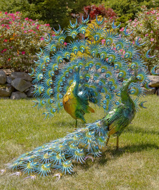 Pair of 2 large metal peacocks with fantail and flowing tail and acrylic gemstones decorating tails