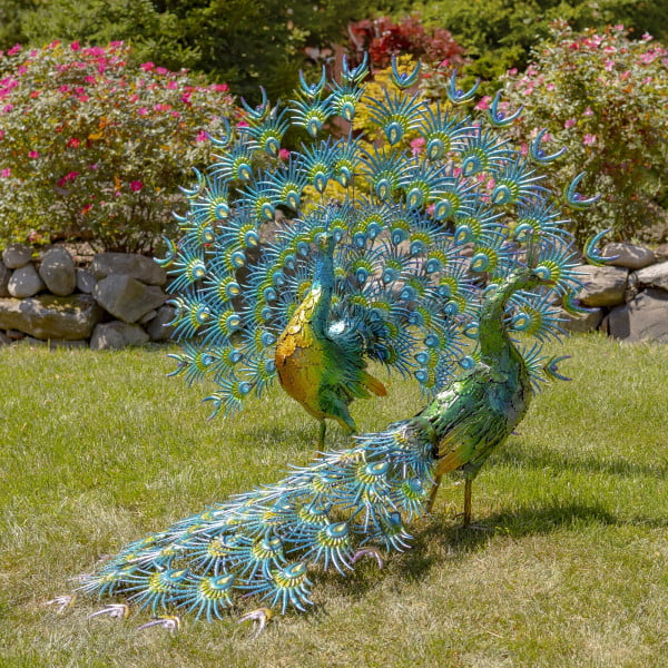 Pair of 2 large metal peacocks with fantail and flowing tail and acrylic gemstones decorating tails