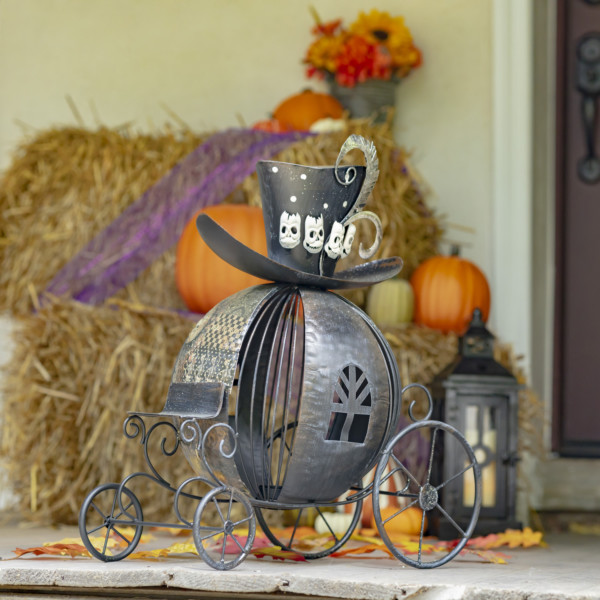 Victorian Style Halloween Pumpkin Carriage with Top Hat & Skull Detail