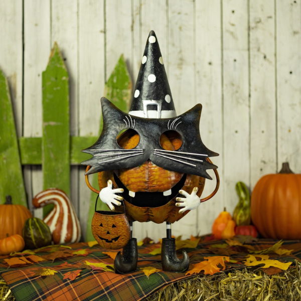 Halloween iron Jack-O-Lantern figurine with cat mask and witch hat and trick-or-treat bucket