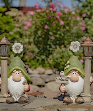 set of 2 18 inch tall garden gnomes with light up solar lanterns and welcome sign