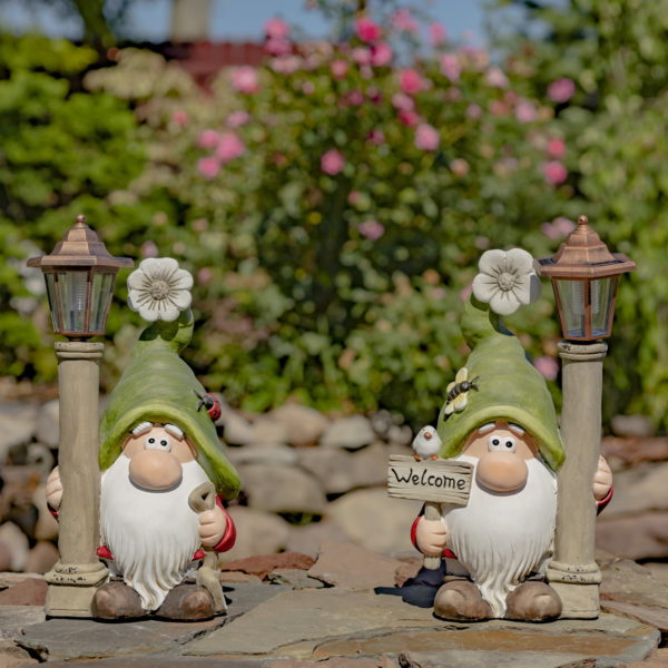 set of 2 18 inch tall garden gnomes with light up solar lanterns and welcome sign