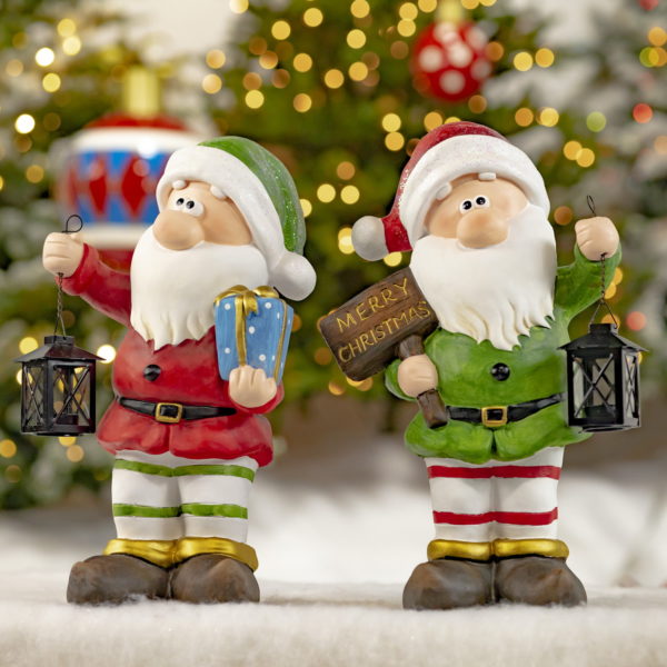 A Pair of Christmas Gnome Statues -Holding Lanterns and Gifts