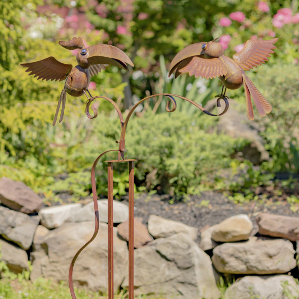 Garden Stake with two Toucans balancing on either side of the stake