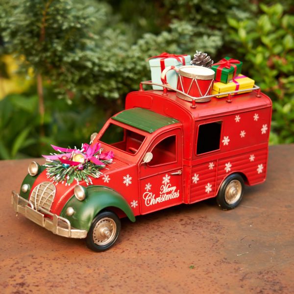 Red and Green Christmas Trucks with Snowflakes and Gifts