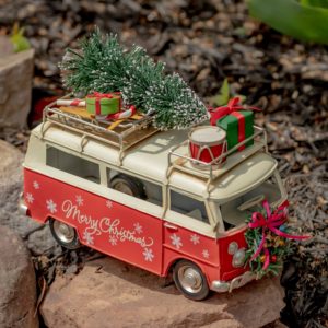 Vintage Style Christmas Bus with a Wreath on the from and Gifts on the Roof
