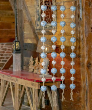 4 hanging garlands 74 inch long with ceramic sailor balls and rope in baby blue, ivory and pink colors and engraved sakura