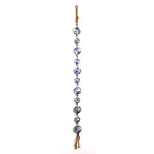 Small Ceramic Japanese Sailor Balls in Ivory, Blue and Navy with a hanging Garland on a Rustic-Style Rope