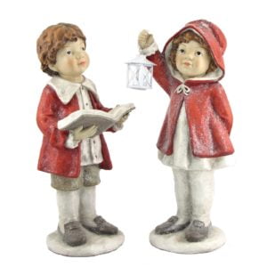 Boy and Girl Statue Holding a book and lantern in red cloak and jacket