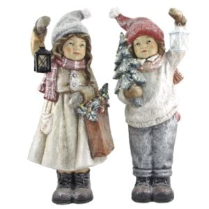 A Pair of Children Holding Lanterns Shoping Bags and Christmas Trees