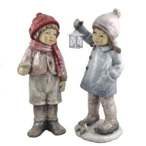 Boy and Girl set of 2 Christmas Children holding Lanterns/Candle Holder in their Winter coats and hats