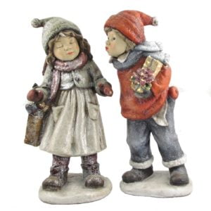A Christmas Pair of 2 Kissing Children holding gifts