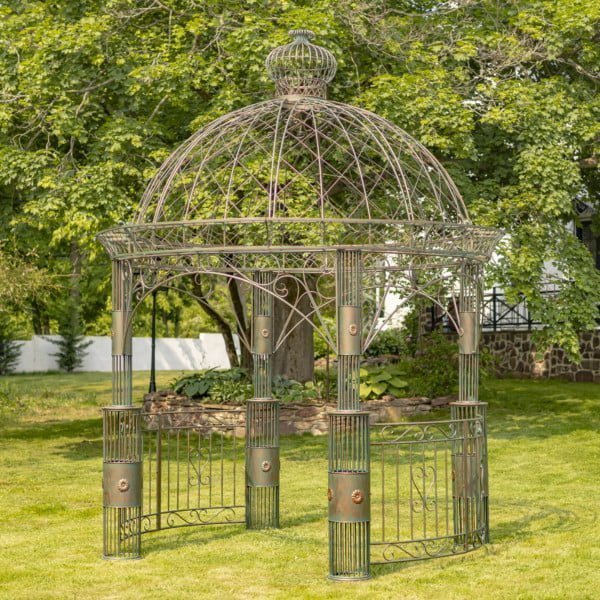 Large round iron garden gazebo Zina in antique bronze features four sturdily built pillars, beautiful side gates, and an ornate dome roof