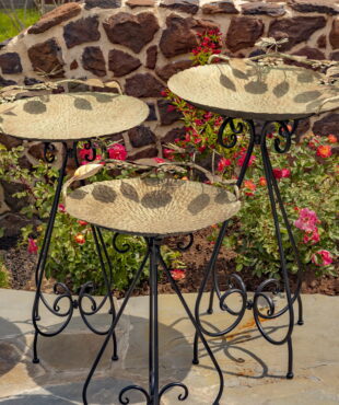 3 iron pedestal birdbaths in 3 assorted sized in frosted gold finish with patina featuring butterflies, flowers and leaves