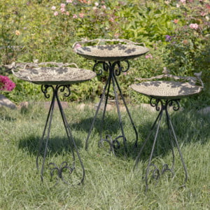 Three Frosted Gold Metal Birdbaths with Bird and Leafing Decor