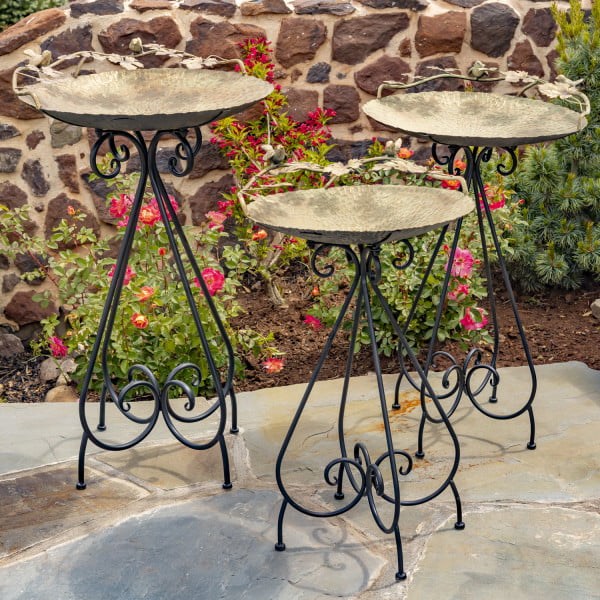 3 iron pedestal birdbaths in 3 assorted sized in frosted gold finish with patina featuring birds on branches with leaves