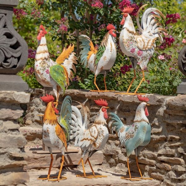 Six Metal Roosters in Different Colors
