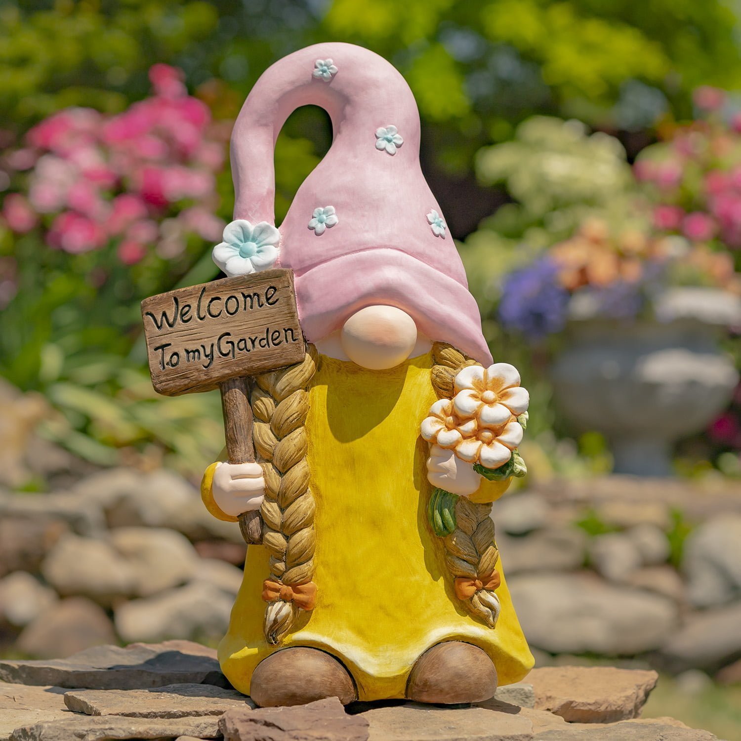 Gnome in Pink Hat & Sign