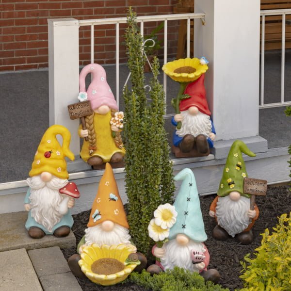 The Smallfries Set of 6 Assorted Spring Garden Gnomes on a Front Porch