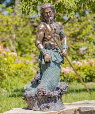 Antique bronze tall merman garden statue with long hair and muscular body holding trident