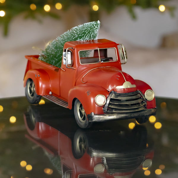 Front view 15 inches iron pickup truck in distressed red finish with removable Christmas tree in trunk