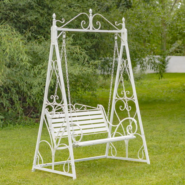 Metal Bench Hanging from a Chain with Victorian Style Features