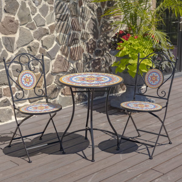 Three Piece Dining Set with with Ceramic Mosaic Tiles- Featuring Stone Wall Background