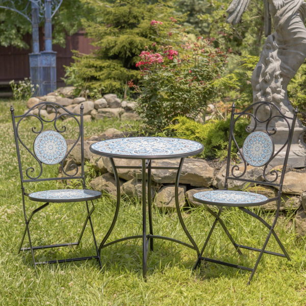 Cerulean, White, and Black Round Mosaic Tiled Bistro Dining Set