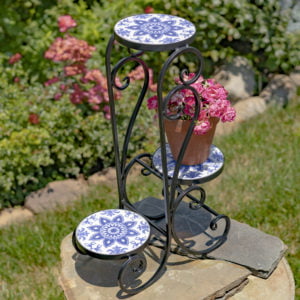 Light Blue and White-Three Tiered Plant Stand with Mosaic Tiles